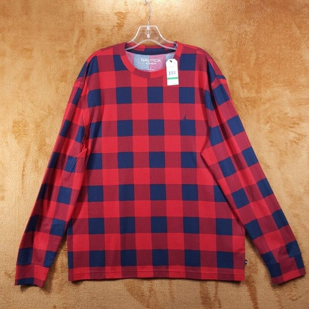 NAUTICA Shirt Mens Large Red Blue Buffalo Check Thermal Waffle Knit Sleep PJ
